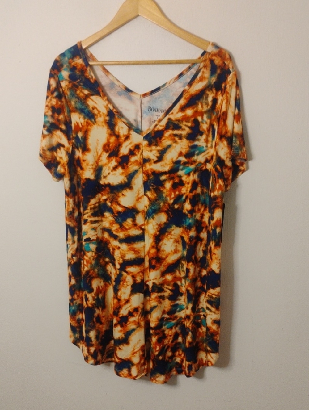 Roaman's V-Neck Short Sleeve Tie-Dye Tunic in Cream, Brown & Blue